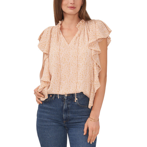 Women's Floral-Print Flutter-Sleeve Tie-Neck Blouse