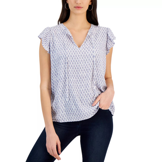Women's Printed Tie-Neck Flutter-Sleeve Top, Created for Macy's