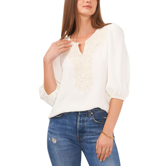 Women's Crochet-Bib Puff-Sleeve Blouse