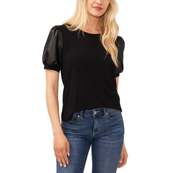 Women's Puffed Faux-Leather Short-Sleeve Round-Neck Top