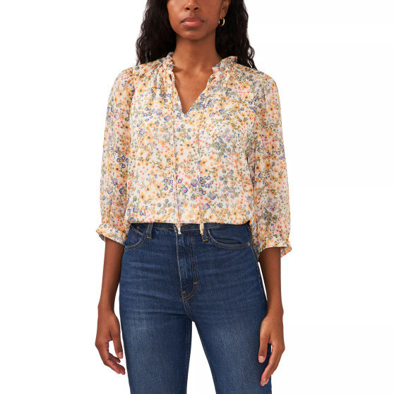 Petite Floral Split Neck Puff Sleeve Top