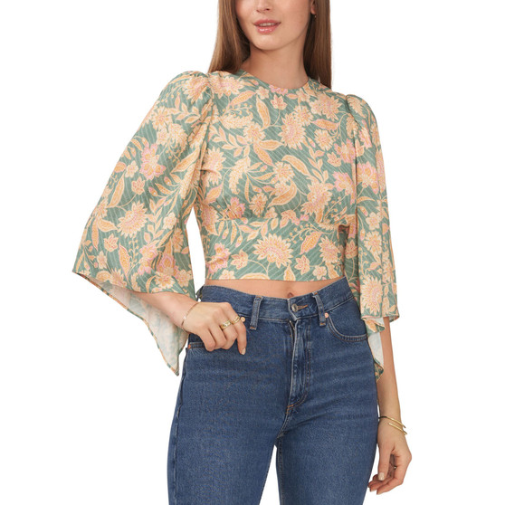 Women's Floral-Print Cropped Bell-Sleeve Top