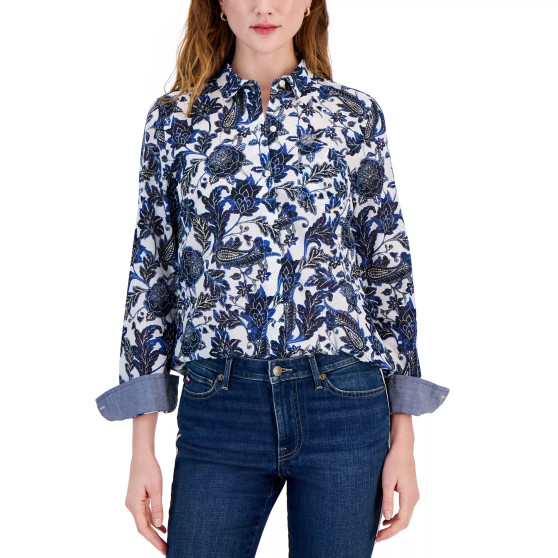 Women's Cotton Batik Floral Roll-Tab Shirt