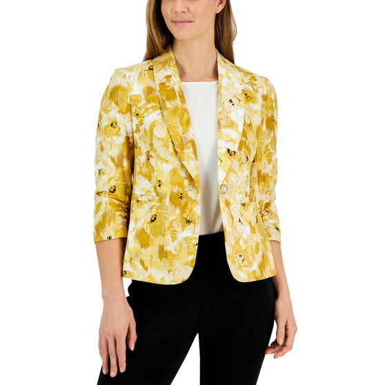 Women's Linen-Blend Floral-Print Ruched-Sleeve Blazer