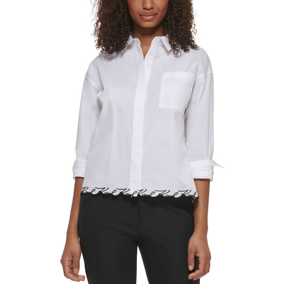 Women's Karl Script Trim Poplin Buttoned Top