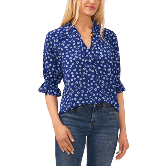 Women's 3/4 Sleeve Tie Neck Floral-Print Blouse