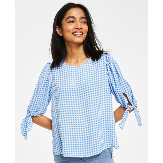 Women's Gingham Tie Elbow Sleeve Crew Neck Blouse