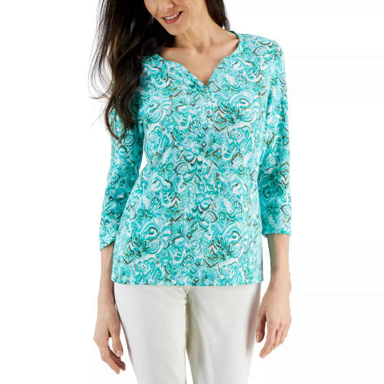 Women's Printed 3/4 Sleeve Knit Henley Top, Created for Macy's