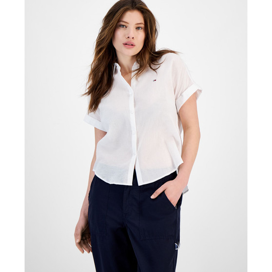 Women's Short-Sleeved Solid Cotton Gauze Shirt