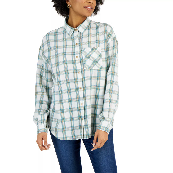 Juniors' Plaid-Print Button-Front Long-Sleeve Shirt