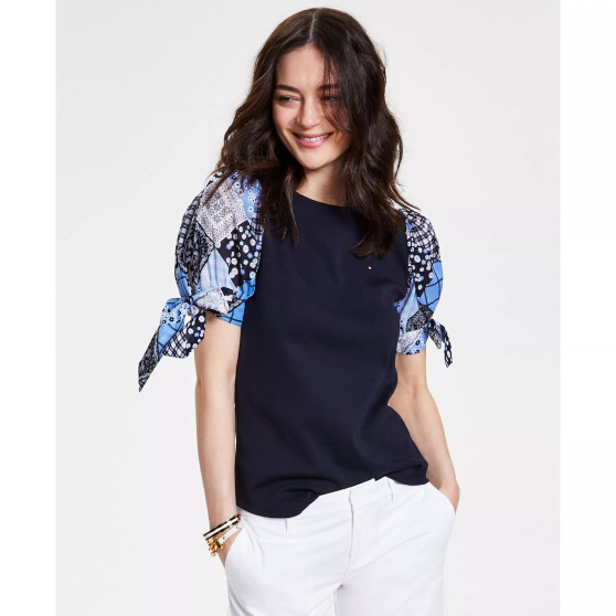 Women's Cotton Mixed-Media Tie-Sleeve Top