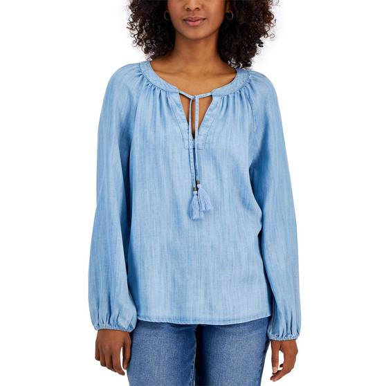 Petite Split-Neck Drapey Peasant Blouse, Created for Macy's