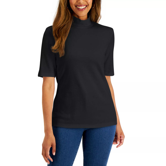 Petite Cotton Mock Neck Elbow-Sleeve Top, Created for Macy's