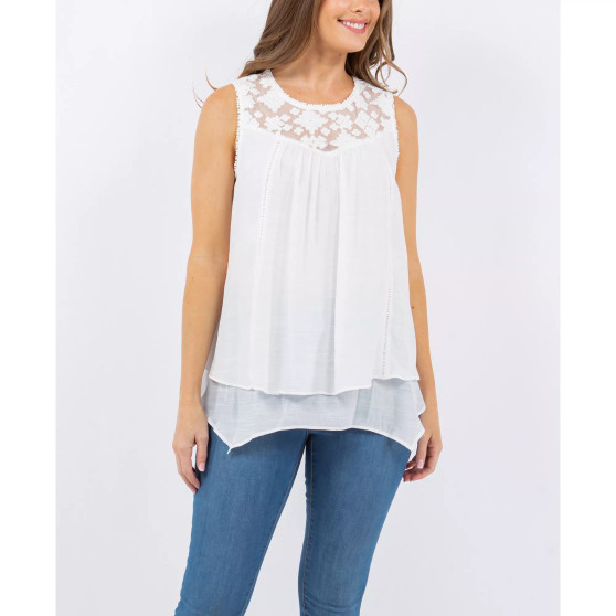 Women's Woven Top with Lace Yoke Double Layer Hem