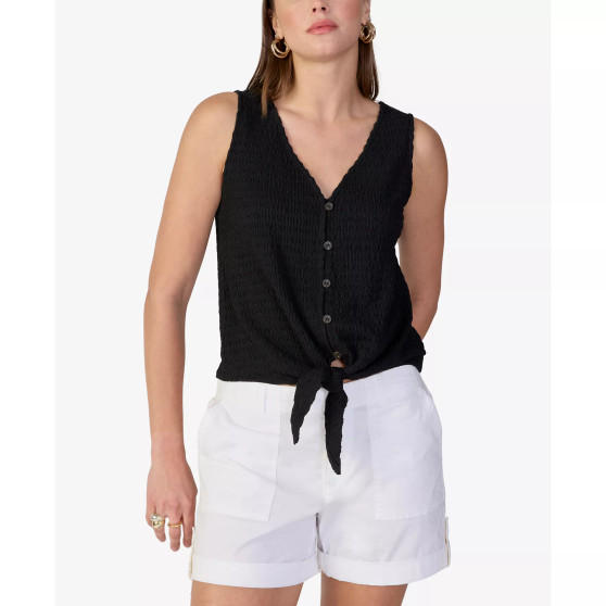 Women's Link Up Textured Button-Front Tie-Hem Top