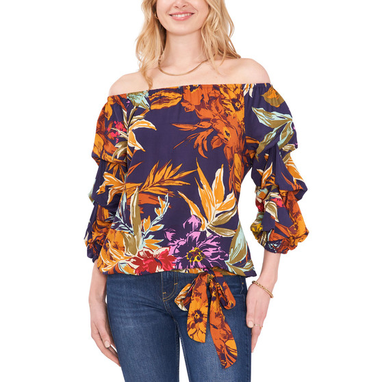 Women's Printed Off-The-Shoulder Bubble-Sleeve Challis Blouse