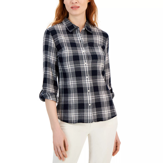 Women's Roll-Tab Sleeve Buttoned Top