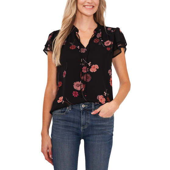 Women's Short Sleeve Printed Flutter-Sleeve Blouse