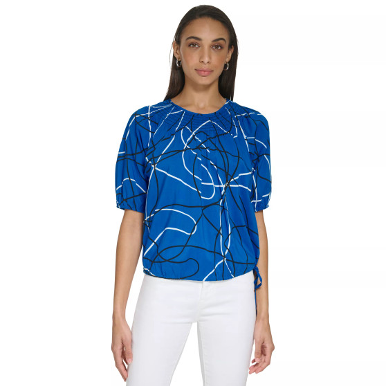 Smocked Yoke Abstract Print Tie Hem Top