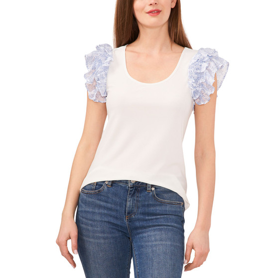 Women's Crew Neck Double-Ruffle-Sleeve Knit Top