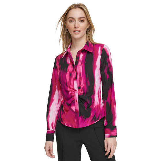 Women's Printed Ruched-Front Button-Up Top