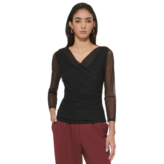 Women's Mesh Long-Sleeve Faux-Wrap Top