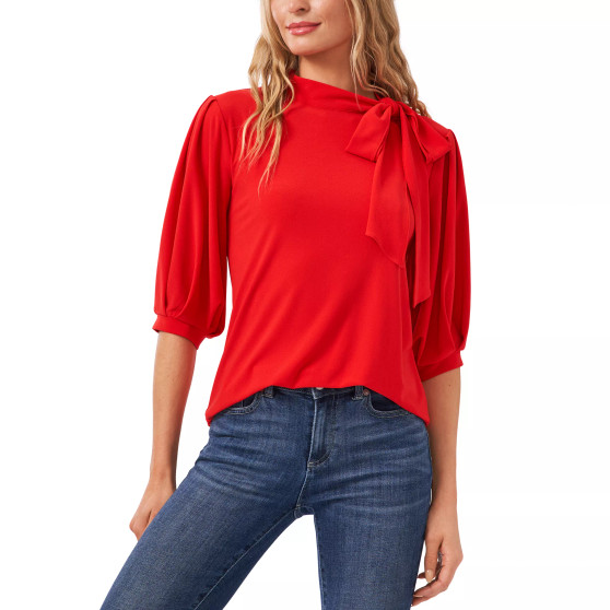 Women's Puff-Sleeve Bow-Neck Elbow Sleeve Top