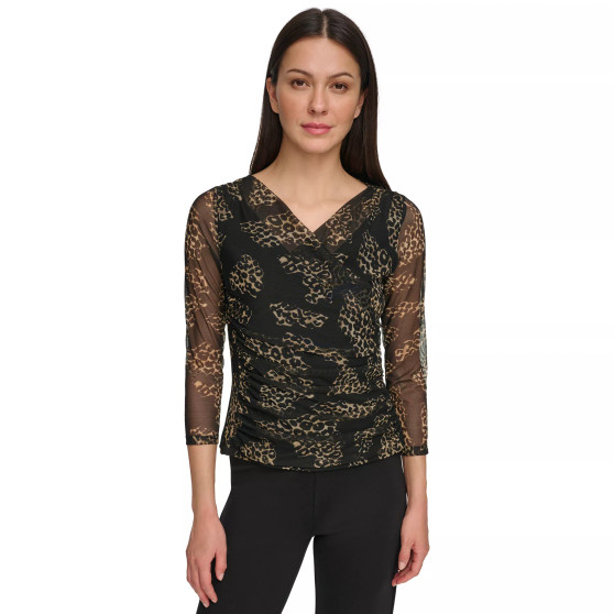 Women's 3/4-Sleeve Printed Mesh V-Neck Top
