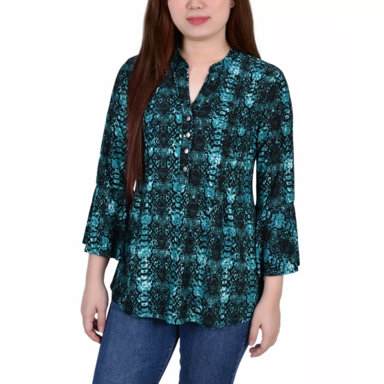 Women's 3/4 Bell Sleeve Pleat Front Y-neck Top