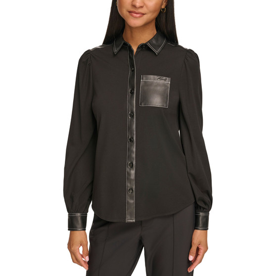 Women's Faux-Leather Trim Knit Shirt