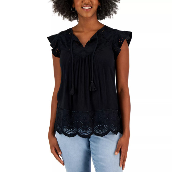 Petite Lace-Trim Mixed Media Top, Created for Macy's