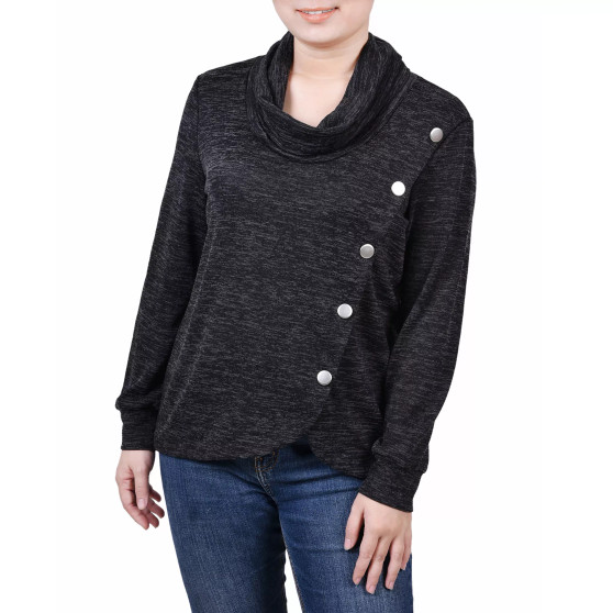Women's Missy Long Sleeve Overlapping Cowl Neck Top