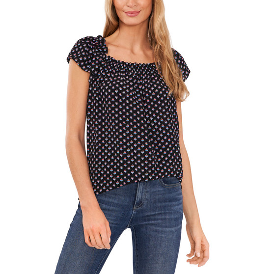 Women's Short Sleeve Ruffled-Neckline Floral-Print Top