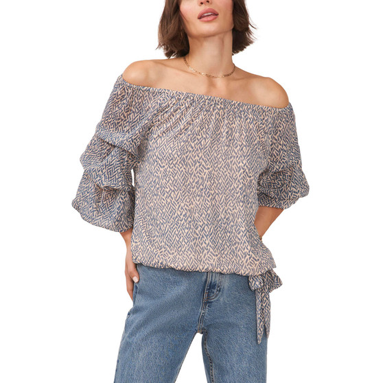 Women's Off The Shoulder Bubble Sleeve Blouse with Tie