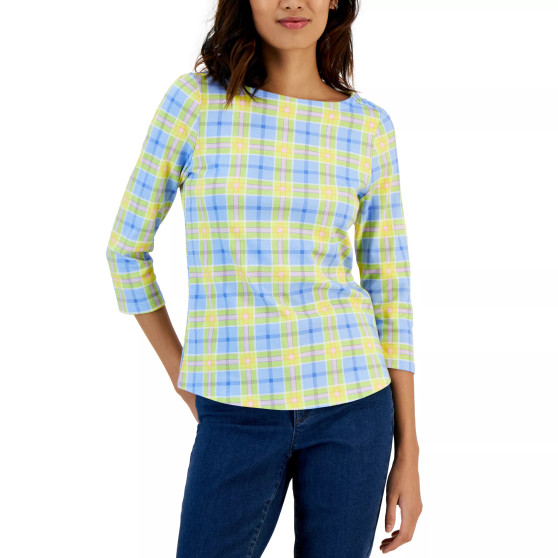 Petite Plaid Boat-Neck 3/4-Sleeve Top, Created for Macy's