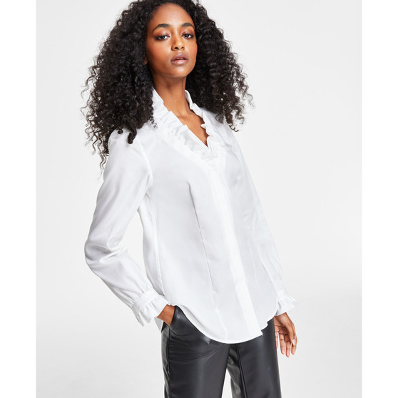 Women's Cotton Ruffle-Neck Button-Down Shirt