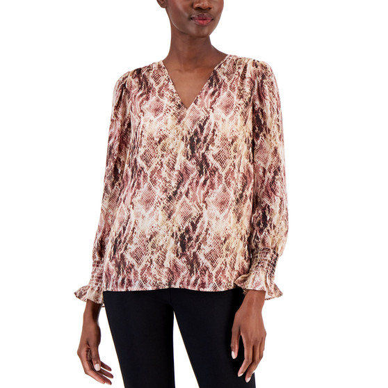 Women's Printed V-Neck Smocked Cuff Top