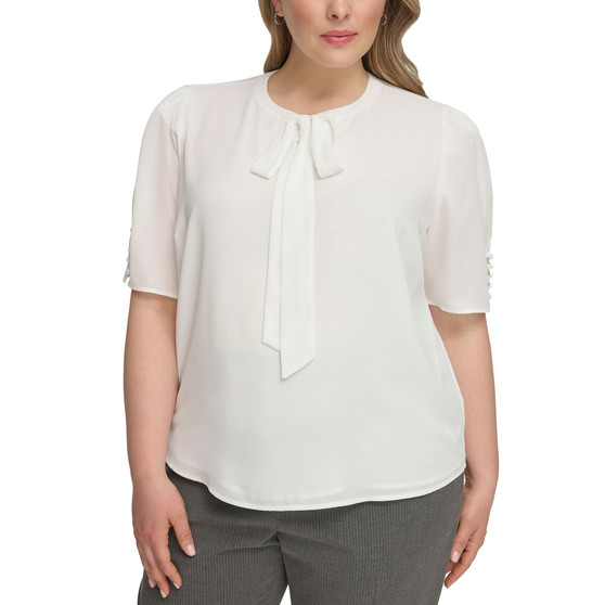Plus Size Short-Sleeve Tie-Neck Top