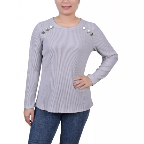 Petite Long Sleeve Ribbed Button Detail Top