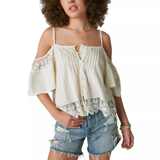 Women's Embroidered Lace Cold-Shoulder Top