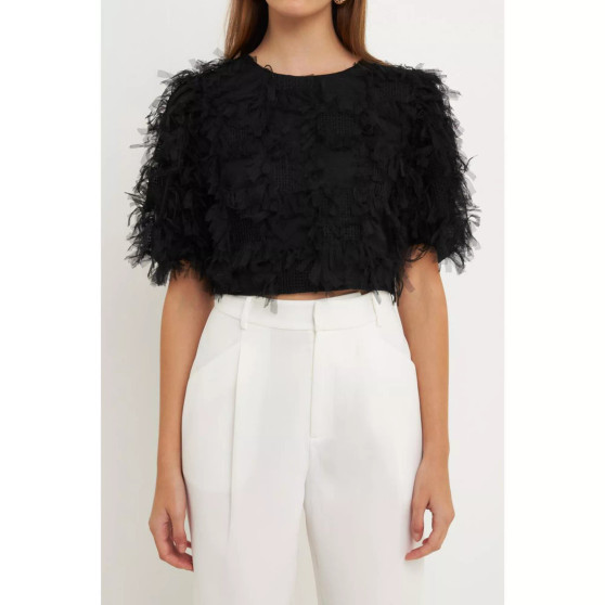 Women's Gridded Mesh Feathered Cropped Top