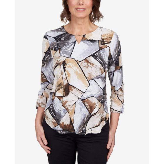 Petite Classics Patchwork Beaded Split Neck Top