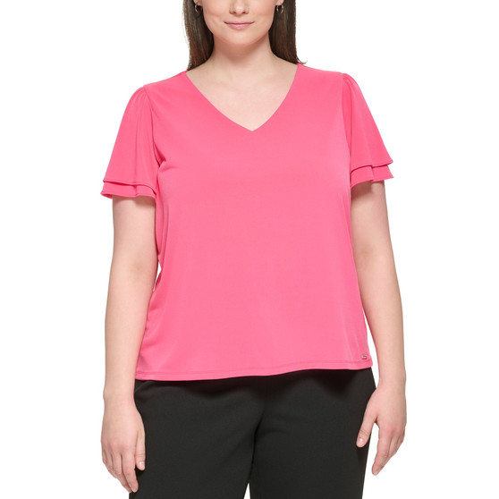 Plus Size V-Neck Tiered Flutter-Sleeve Top