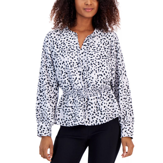 Petite Printed Smocked Blouson Long-Sleeve Top, Created for Macy's