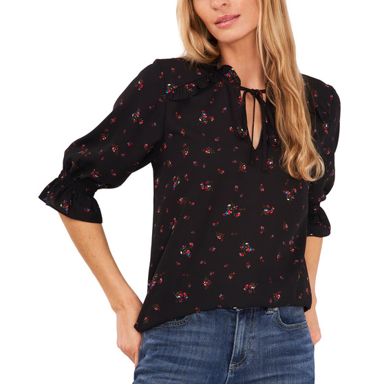 Women's Elbow Sleeve Tie-Neck Floral-Print Blouse