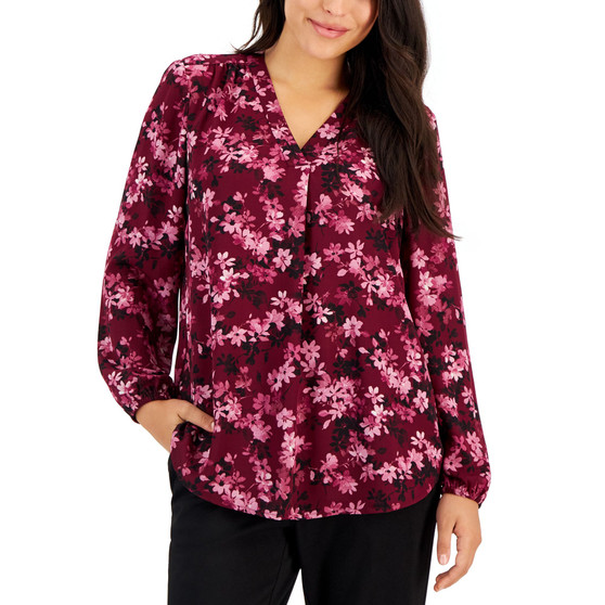 Petite V-Neck Long-Sleeve Pleated Blouse