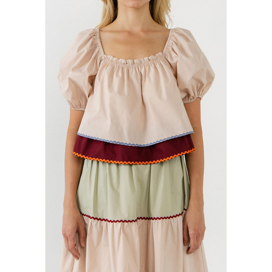 Women's Colorblock Rickrack Trim Puff Sleeve Top
