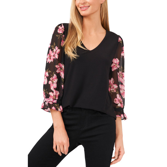 Women's 3/4 Floral Printed Sleeve V-Neck Blouse