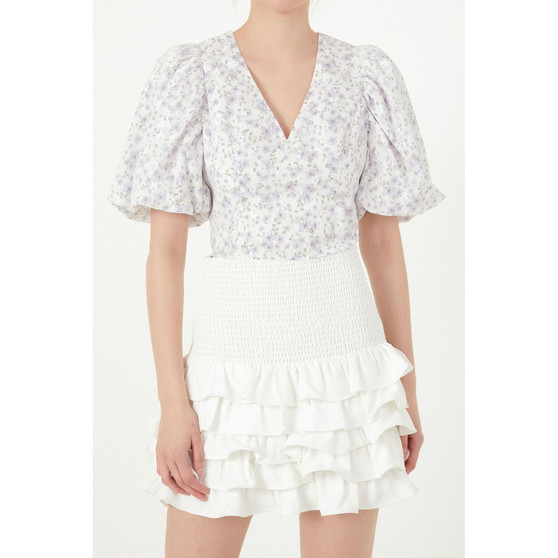 Women's Floral Balloon Sleeve Top with Lace Texture