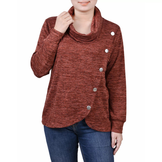 Petite Size Long Sleeve Overlapping Cowl Neck Top